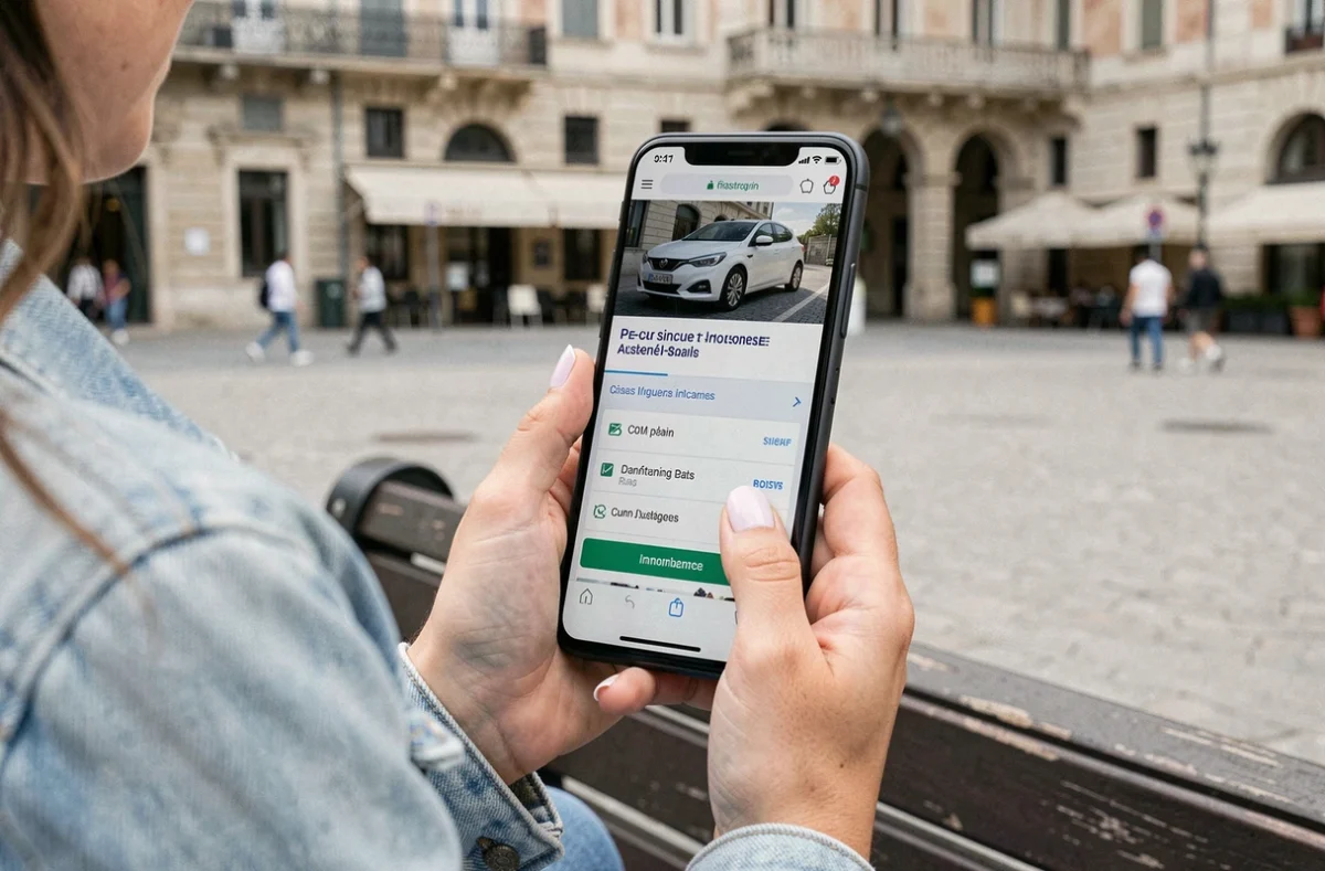 Femme comparant des offres d'assurance auto sur smartphone en centre-ville d'Aix-les-Bains