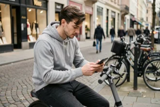 Jeune homme comparant des assurances scooter pas cher sur son smartphone en ville