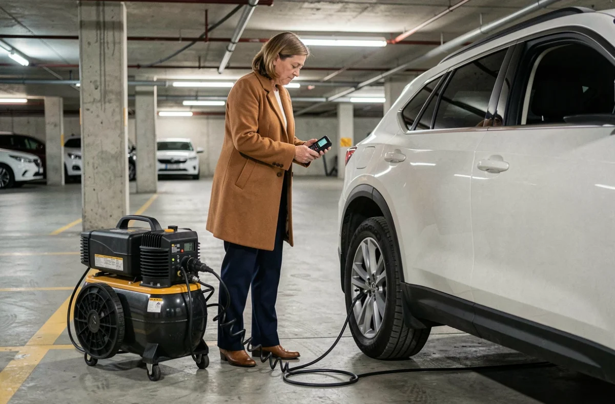 Femme utilisant un compresseur portable pour gonfler ses pneus dans un parking souterrain