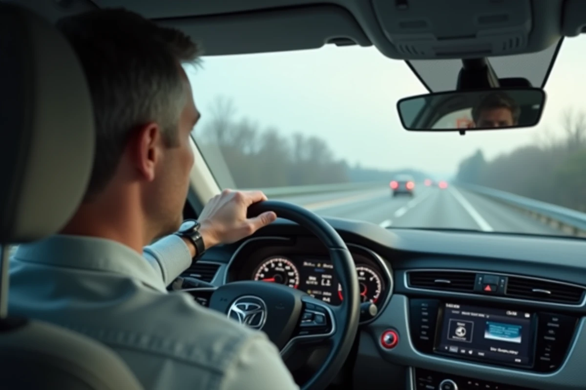 Conducteur regardant le compteur de vitesse affichant mph et kph dans une voiture moderne sur autoroute