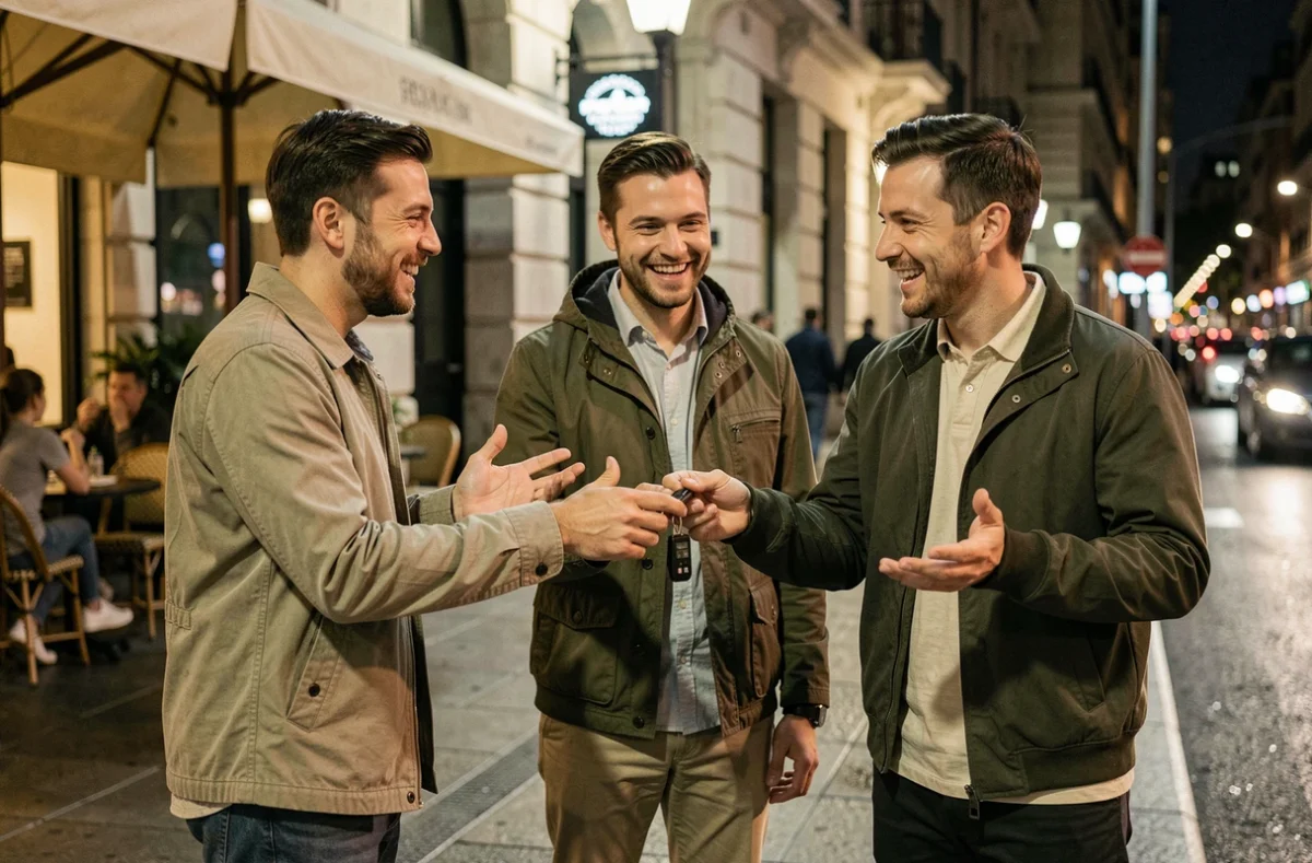 Un groupe d'amis désigne un conducteur sobre en lui remettant les clés de voiture, stratégie efficace pour respecter la limite d'alcoolémie au volant