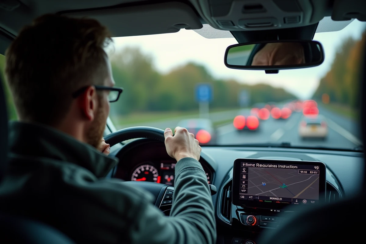 Conducteur en voiture regardant le GPS pour éviter un embouteillage sur l'autoroute du nord