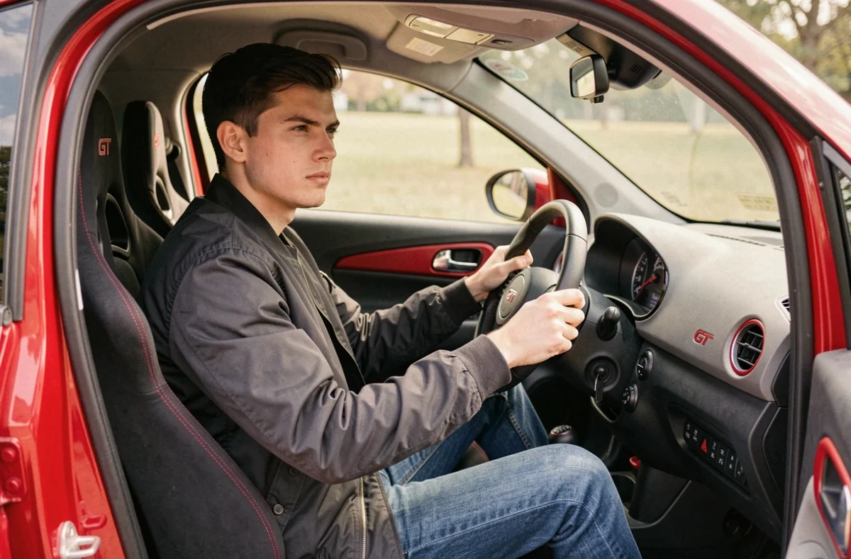 Jeune conducteur dans l'habitacle sportif d'une voiture sans permis GTI avec volant sport et sellerie rouge