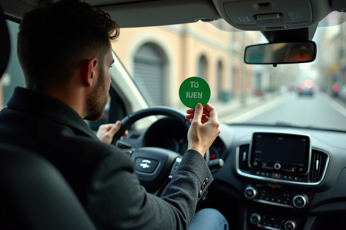 Conducteur tenant une vignette Crit'Air verte à l'intérieur de son véhicule à Rennes