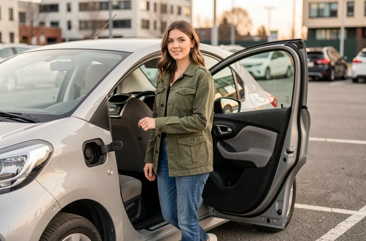 Jeune femme sortant d'une voiture sans permis électrique Citroën dans un parking urbain