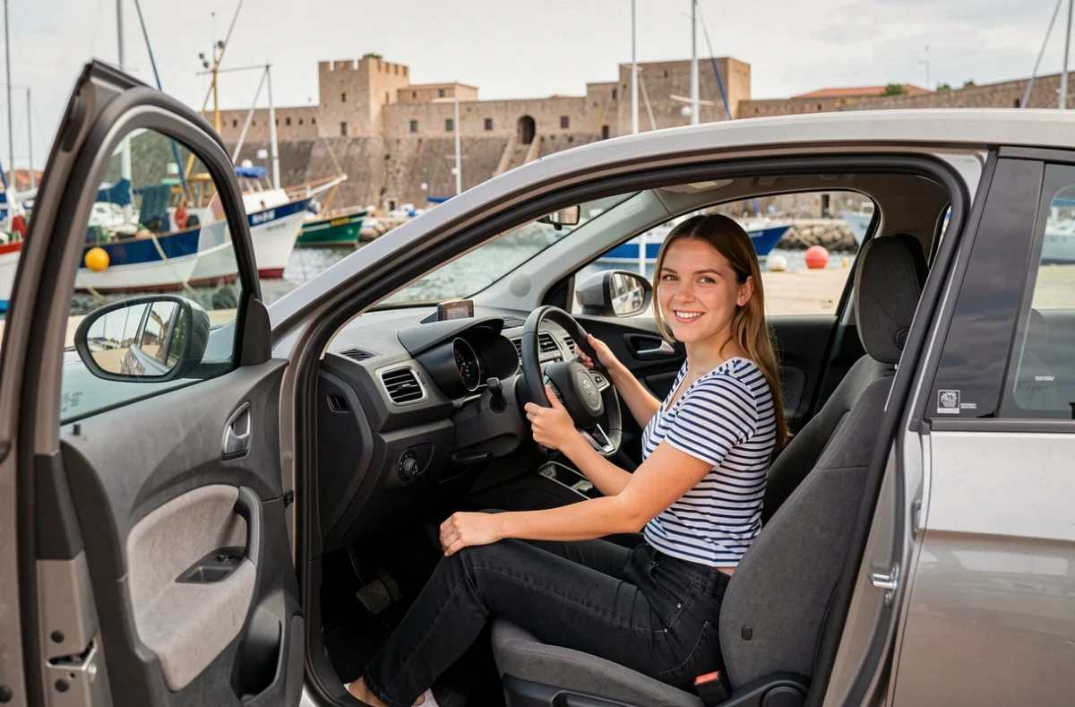 Jeune femme assise au volant d'une voiture sans permis avec le vieux port de Bastia en arrière-plan