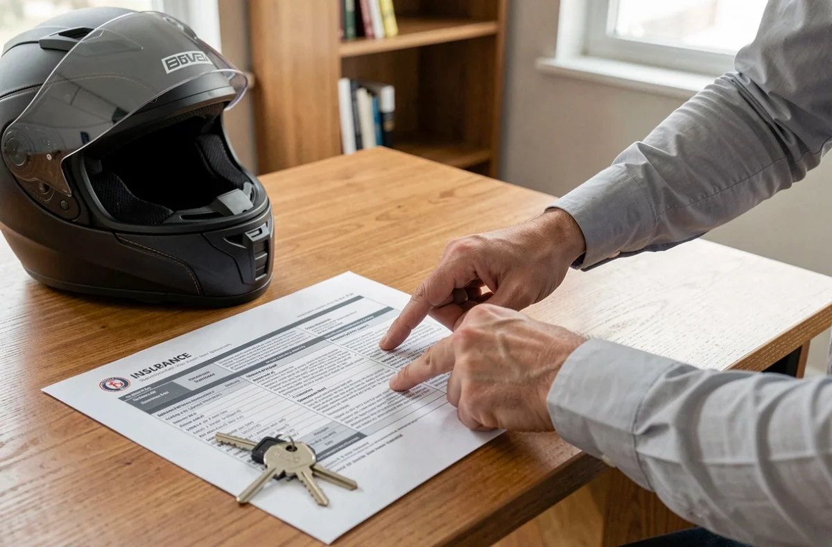 Mains d'un conseiller pointant un contrat d'assurance deux roues posé sur un bureau avec un casque moto