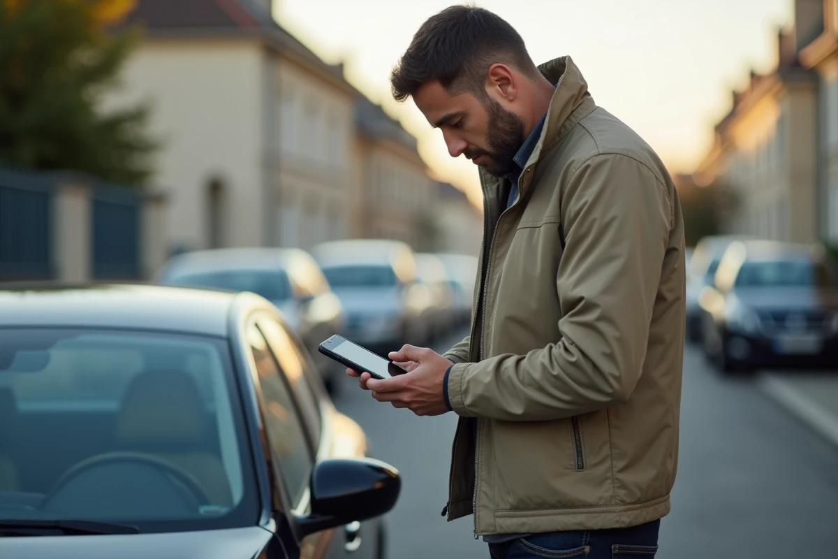 Jeune homme consultant le solde de ses points de permis de conduire sur son téléphone dans la rue