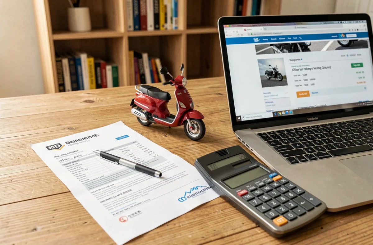 Bureau avec contrat d'assurance moto 125cc, calculatrice et ordinateur portable affichant un devis en ligne