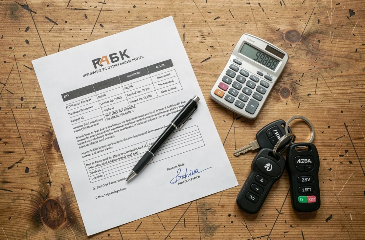 Vue aérienne d'un document d'assurance quad, stylo, calculatrice et clés posés sur un bureau en bois rustique
