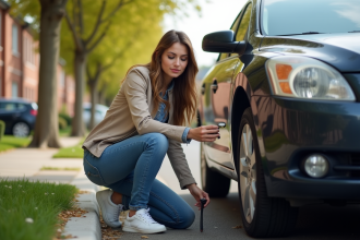 Femme vérifiant la pression des pneus de sa voiture dans un quartier résidentiel