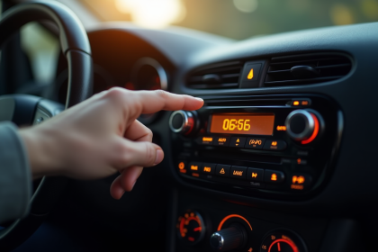 Main entrant le code sur l'écran du radio Renault en lumière naturelle