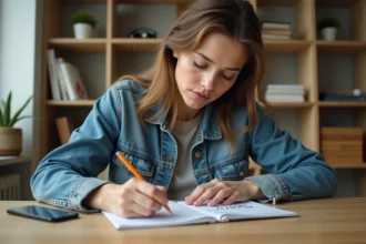 Femme calculant la conversion miles en kilomètres sur un bloc-notes dans un bureau à domicile
