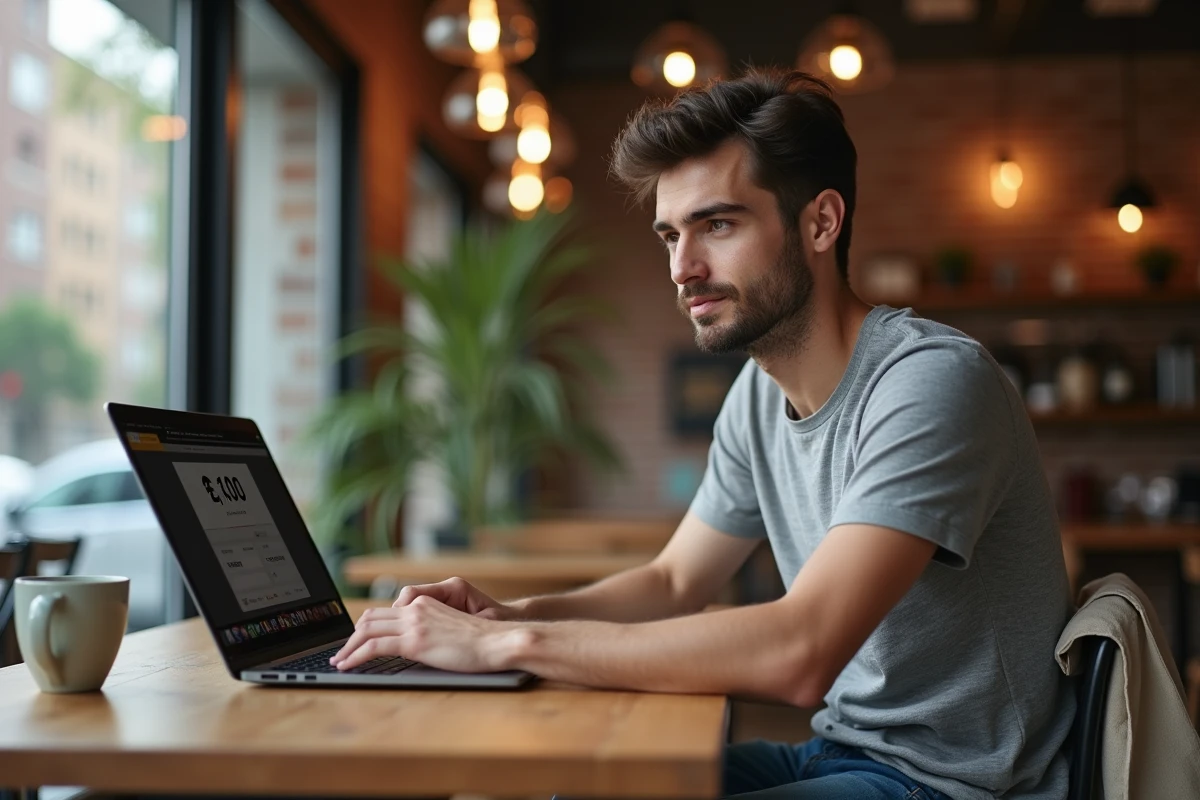 Jeune homme consultant un site de conversion mph en km/h sur un ordinateur portable dans un café