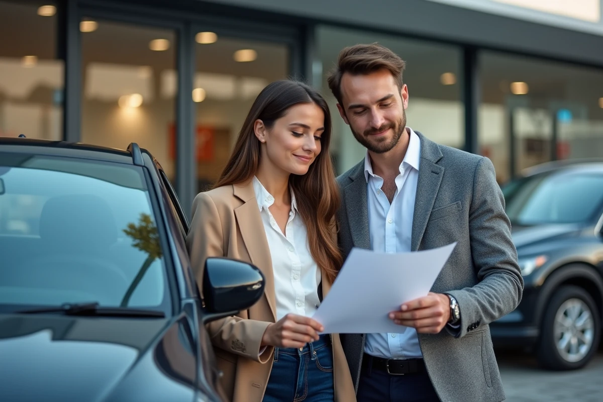 Couple examinant les prix d'une voiture d'occasion chez un concessionnaire pour optimiser leur budget automobile