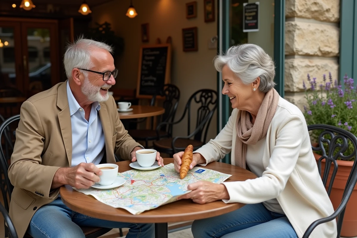 Couple de voyageurs étudiant une carte routière régionale française à la terrasse d'un café pour planifier un trajet par les routes nationales en évitant les autoroutes à péage