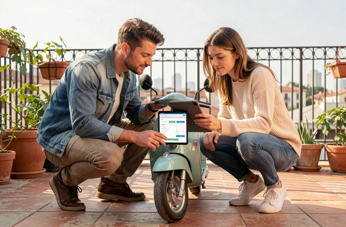 Couple comparant des offres d'assurance scooter pas cher sur une tablette en terrasse