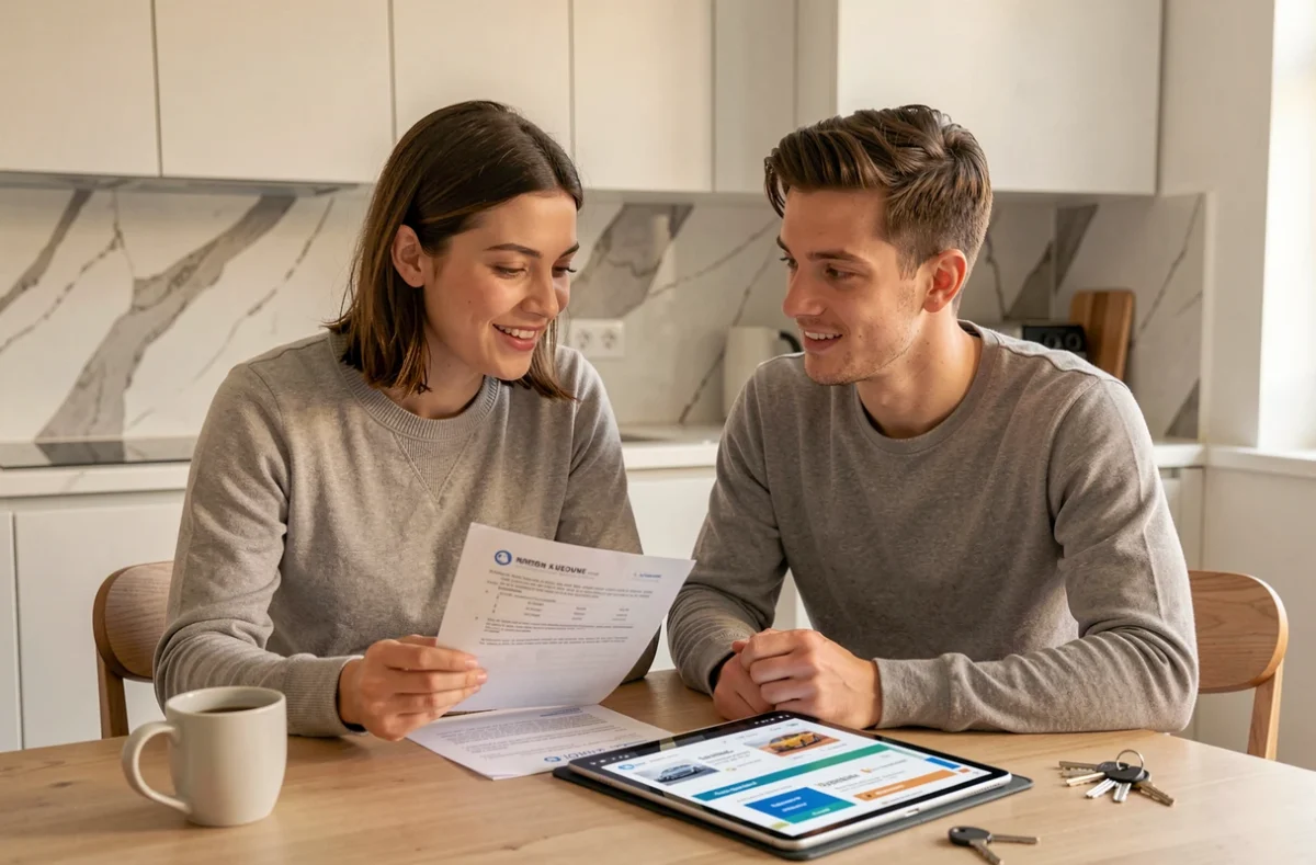 Couple comparant des offres d'assurance auto en ligne sur tablette avec des documents imprimés à la maison