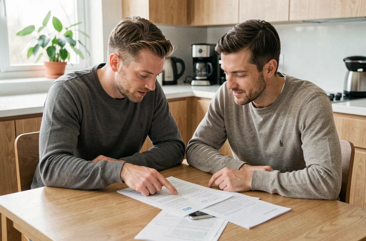 Couple discutant des garanties d'un contrat d'assurance voiture MAE à la table de cuisine