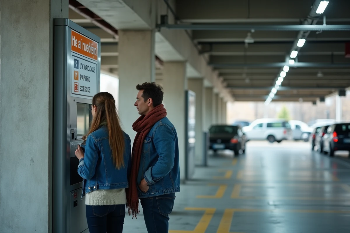 Couple utilisant un horodateur dans le parking couvert Rapp à Colmar lors d'un séjour week-end