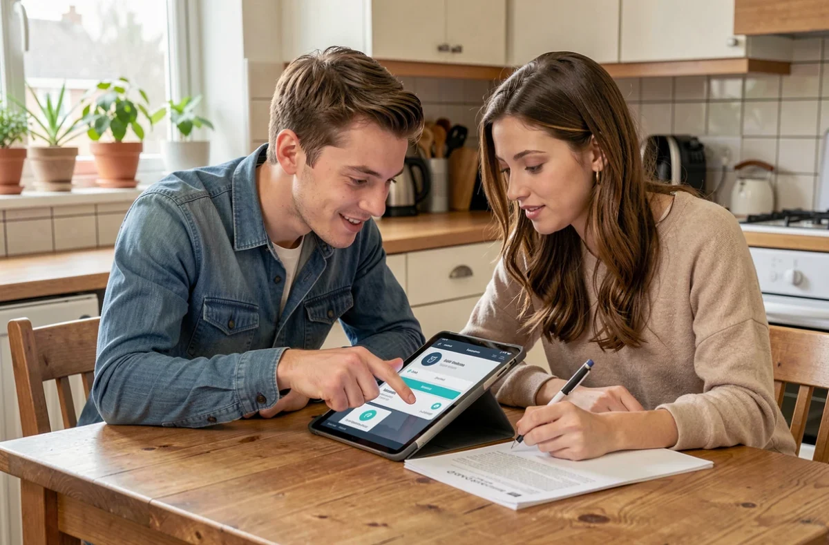 Couple comparant des assurances auto professionnelles sur une tablette à la table de cuisine