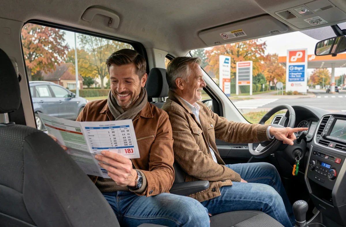 Couple en voiture cherchant une station-service avec l'essence la moins chère autour de Roanne