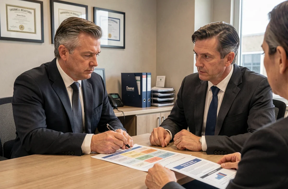 Courtier en assurance présentant un tableau comparatif d'assurance auto professionnelle à un client en agence