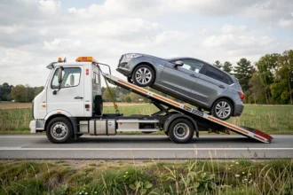 Dépanneuse plateau chargeant une voiture avec un treuil