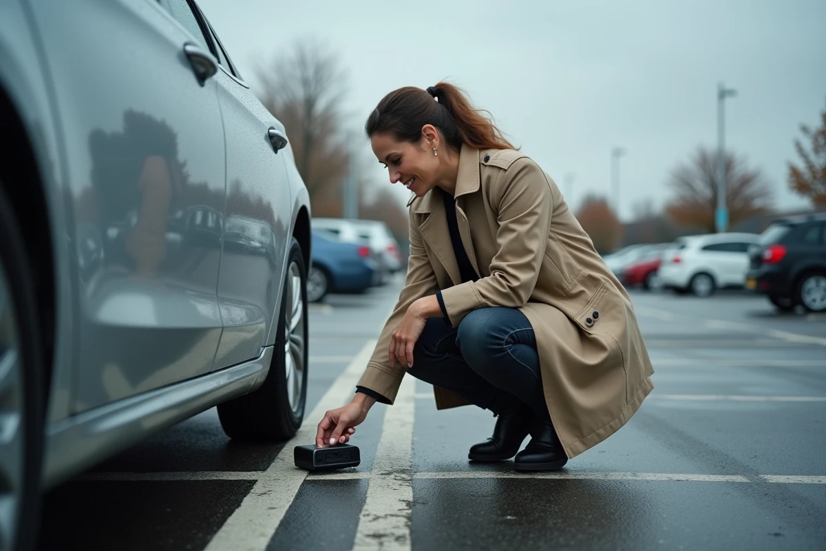 Femme utilisant un détecteur GPS économique sous une voiture dans un parking pour repérer un traceur caché
