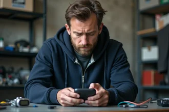 Homme testant un détecteur de traceur GPS low cost dans un atelier, examinant l'appareil avec scepticisme