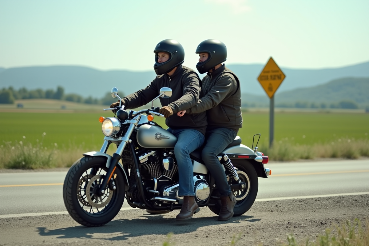 Deux hommes en moto dans un paysage rural avec nature et panneaux