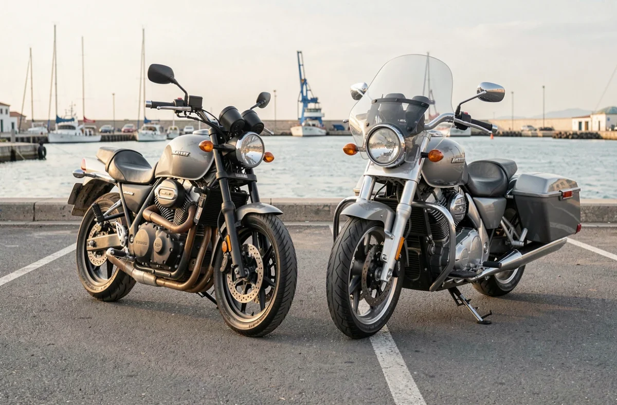 Deux motos garées près du port de Toulon illustrant la diversité des véhicules et des besoins en assurance moto