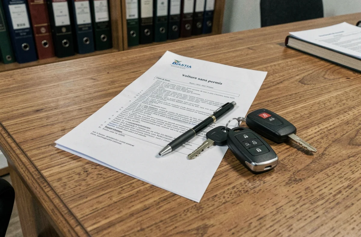 Documents administratifs et clés de voiture sans permis posés sur un bureau en bois dans un bureau à Bastia pour l'achat du véhicule