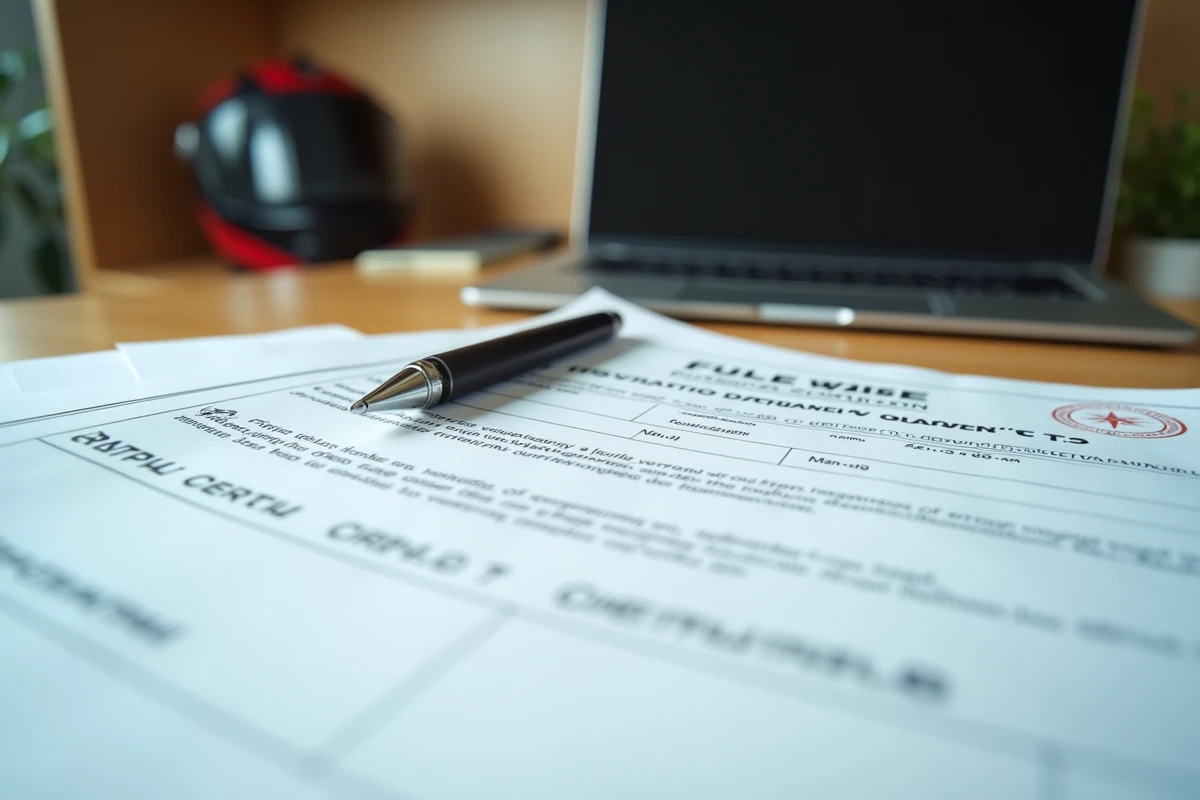 Documents d'assurance moto et carte grise posés sur un bureau en bois avec un stylo