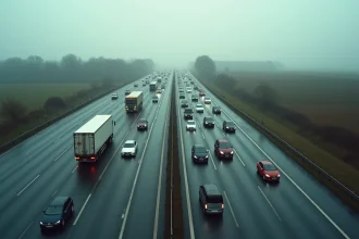 Embouteillage sur l'autoroute du nord avec voitures et camions à l'arrêt, vue aérienne depuis un pont