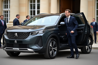 Emmanuel Macron sortant d'une Peugeot 5008 devant l'Elysée en journée