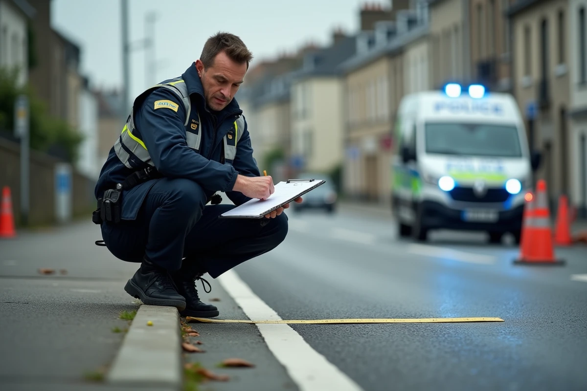 Policier de la gendarmerie française conduisant une enquête sur les lieux d'un accident de la route à Rennes