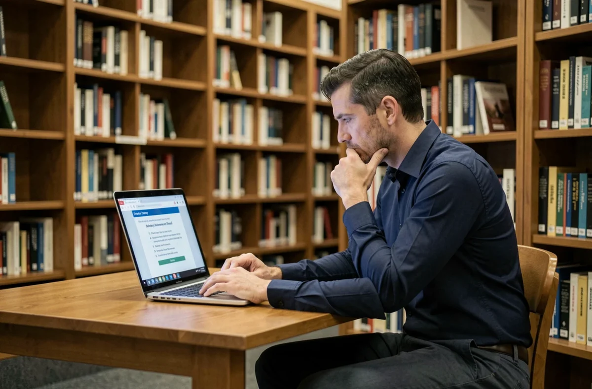Homme en train de passer un test de code de la route en ligne sur ordinateur portable dans une bibliothèque publique en candidat libre