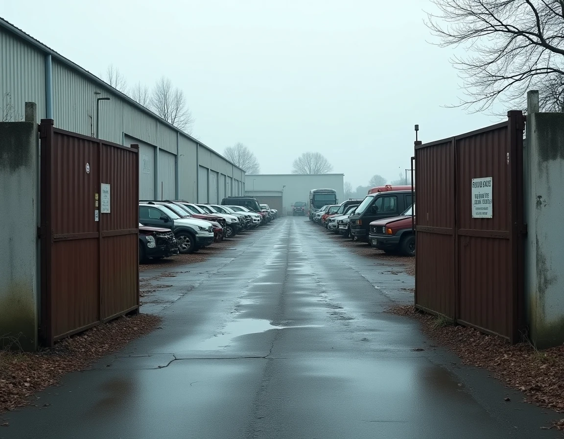 Entrée d'une casse automobile dans une zone industrielle de Lille avec portail et véhicules hors d'usage
