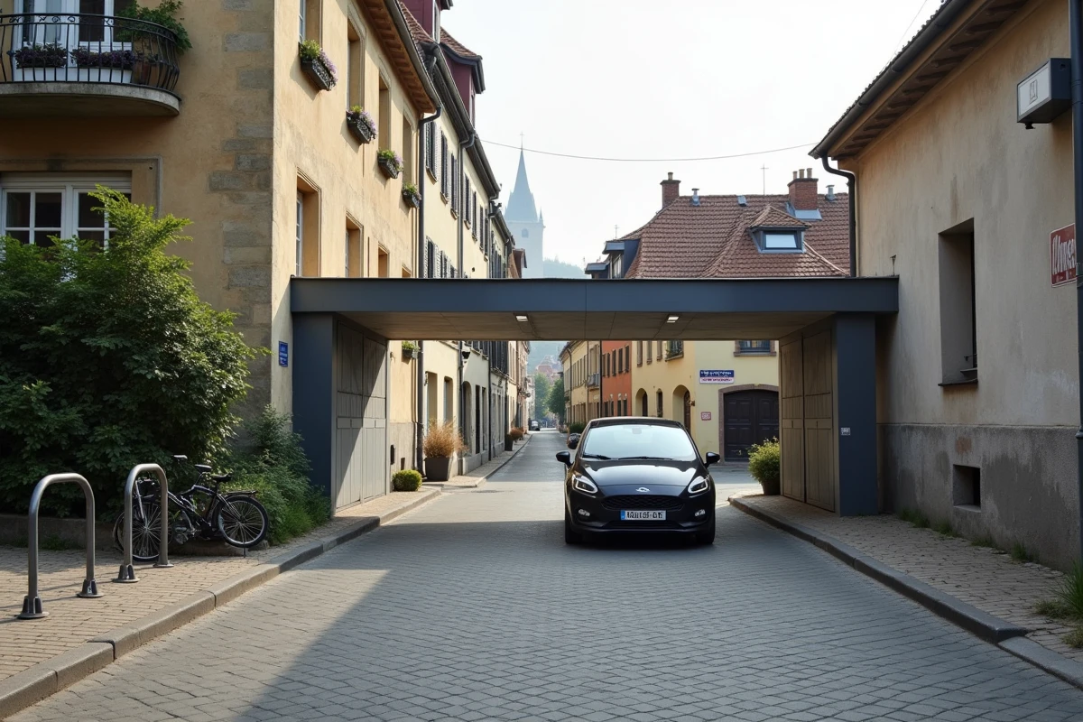 Entrée du parking Rapp à Colmar avec une voiture franchissant la barrière, architecture alsacienne traditionnelle en arrière-plan