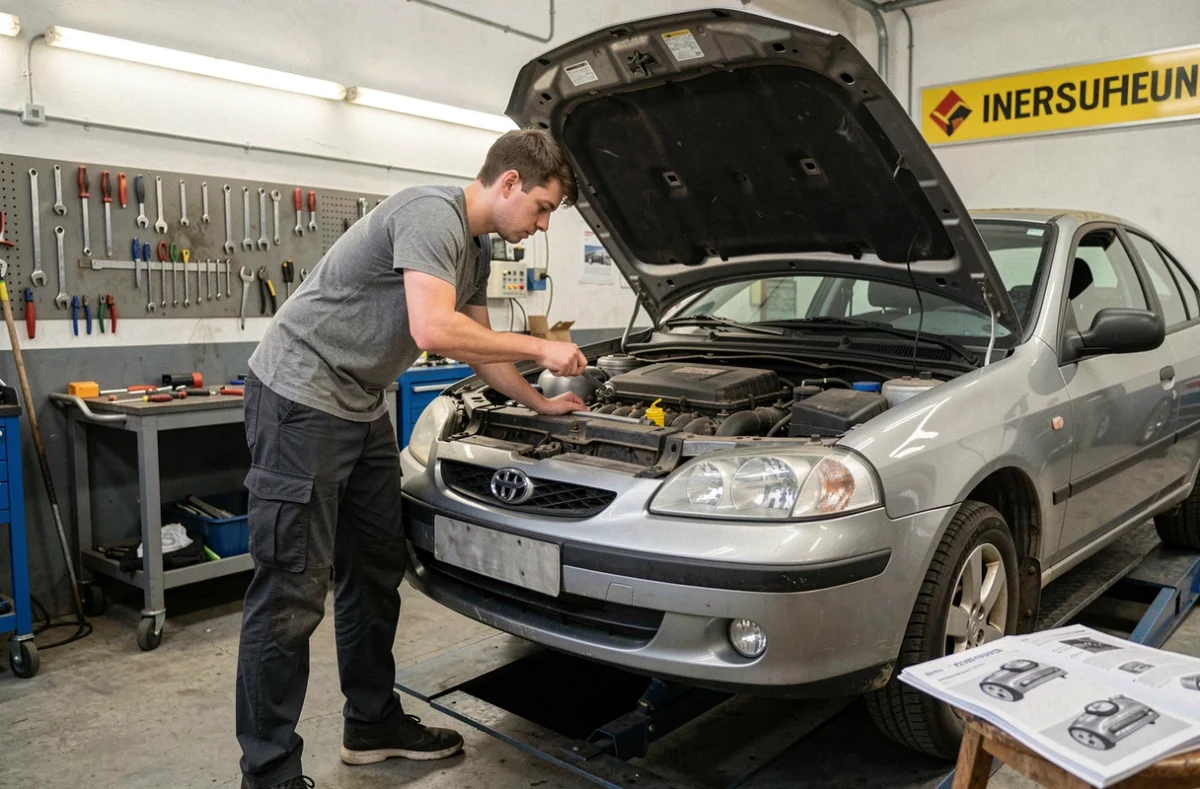 Apprenti mécanicien commettant une erreur de serrage moteur sans clé dynamométrique lors du rodage d'un moteur de voiture