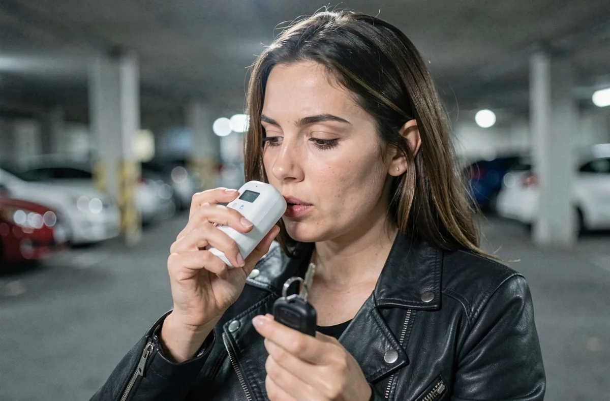 Une femme utilise un éthylotest personnel dans un parking avant de prendre le volant, illustrant une stratégie responsable face à la limite d'alcool