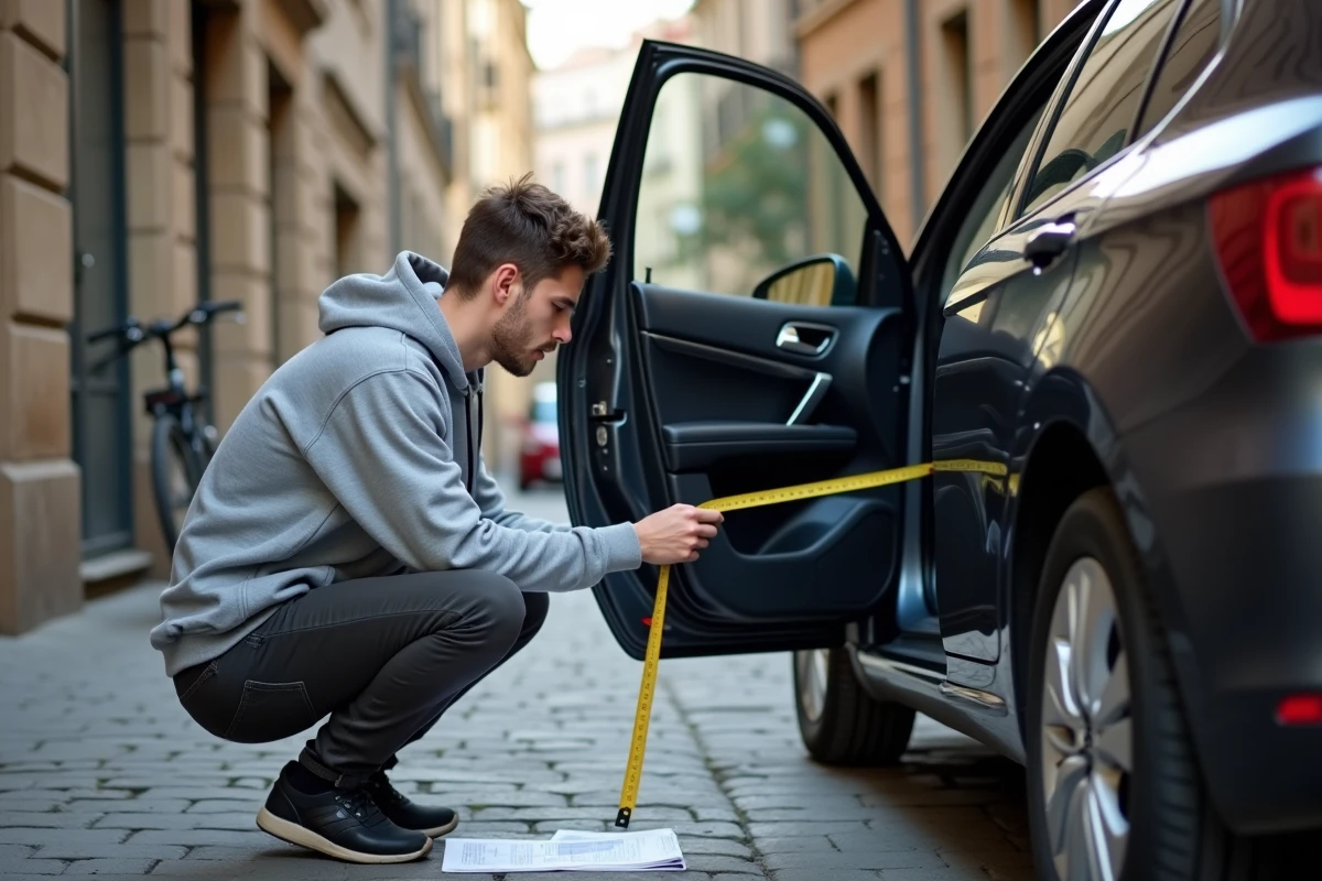 Jeune étudiant mesurant l'intérieur d'une petite voiture sur une rue pavée