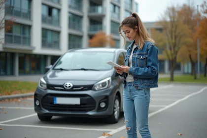 Étudiante comparant les dimensions d'une voiture compacte dans un parking universitaire