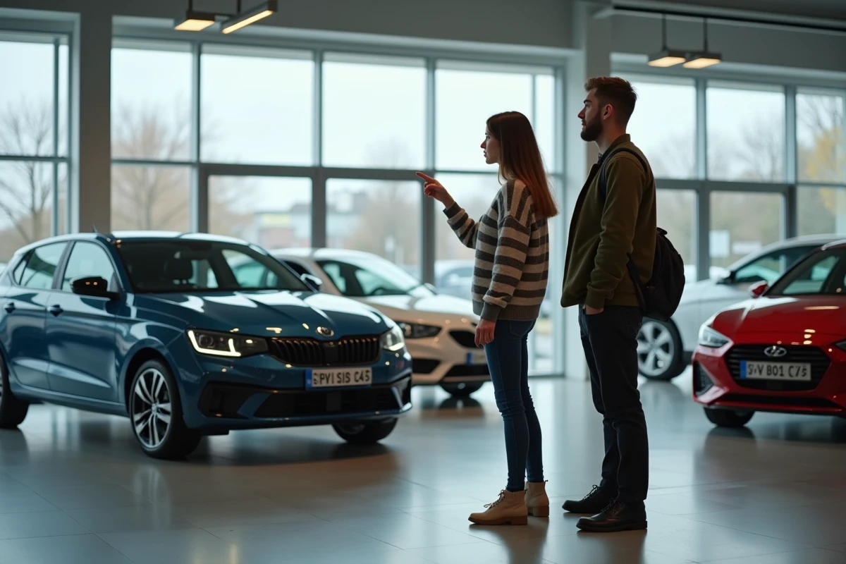 Deux étudiants comparant des modèles de petites voitures dans une concession automobile