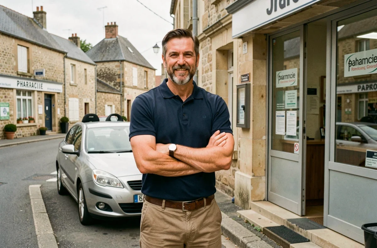 Le moniteur de l'EURL Pilote devant son auto-école dans une rue calme du Loiret