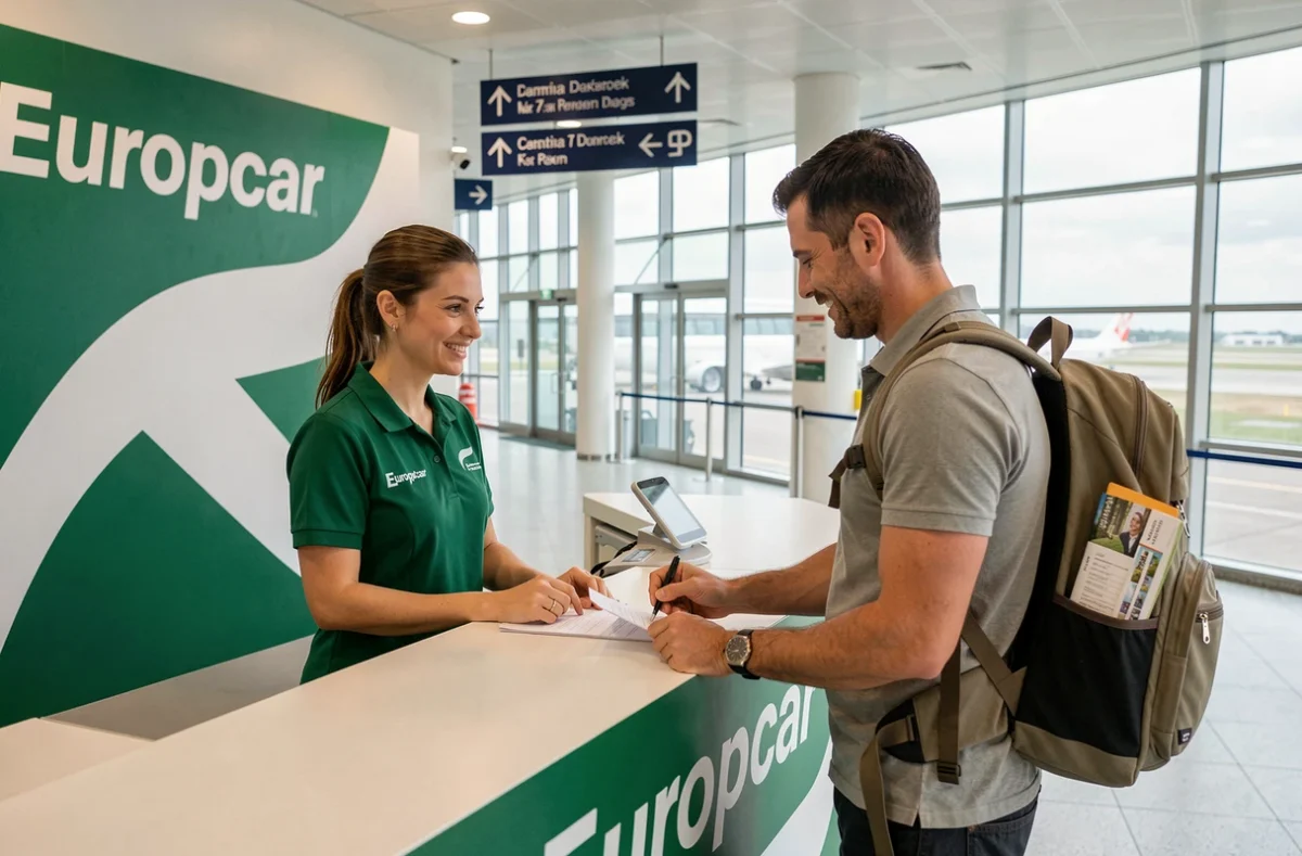 Comptoir Europcar dans un terminal d'aéroport avec agent en uniforme vert accueillant un voyageur
