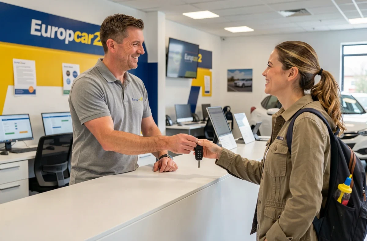 Agent Europcar remettant les clés d'une voiture de location à une cliente dans l'agence de Grenoble