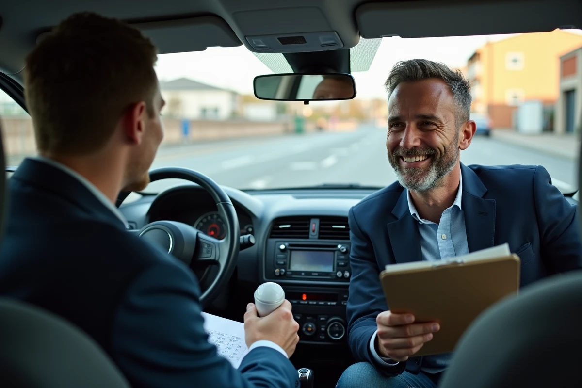 Examinateur de conduite souriant avec jeune conducteur