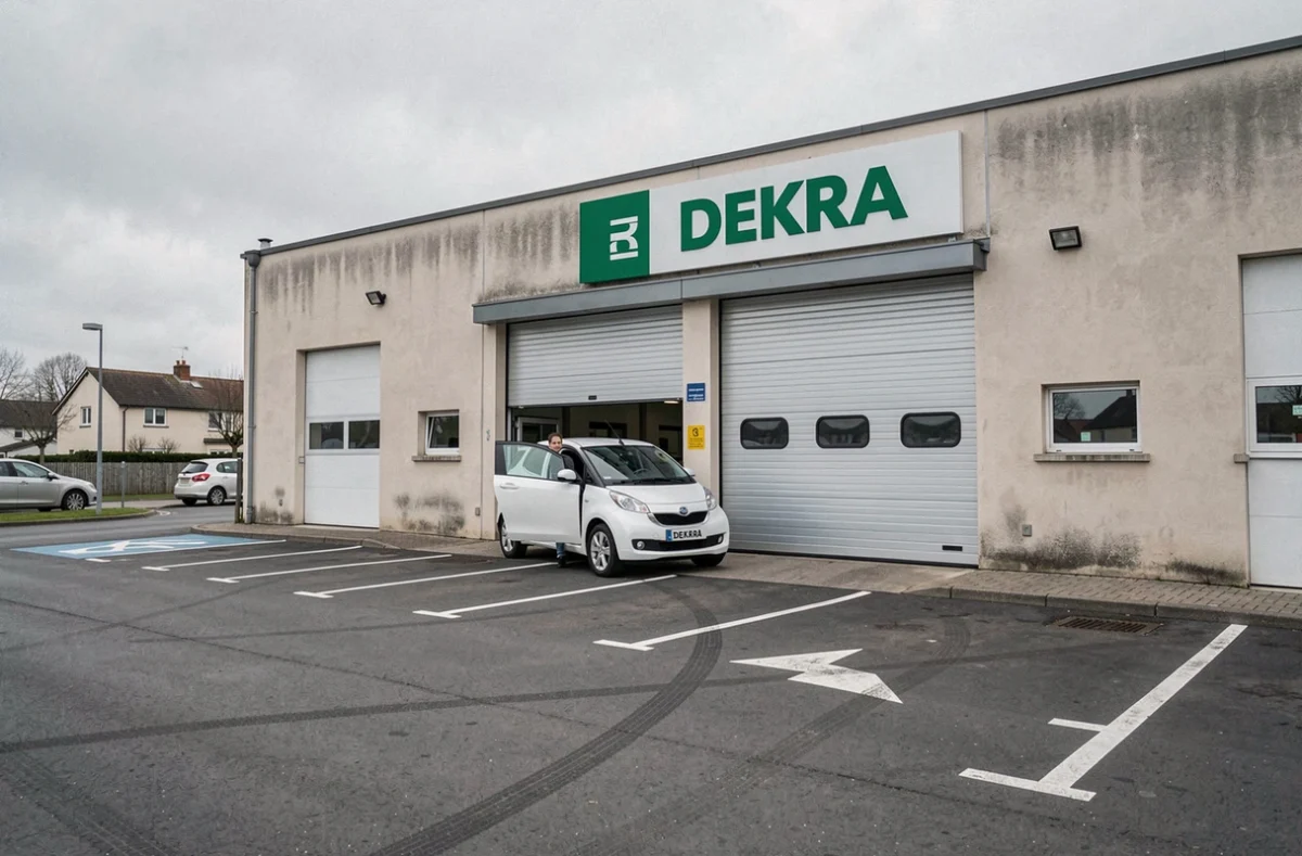 Façade extérieure d'un centre de contrôle technique DEKRA avec un véhicule garé devant l'entrée principale
